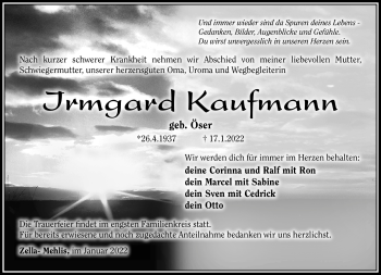 Traueranzeige von Irmgard Kaufmann von Südthüringer Presse