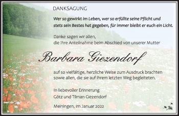 Traueranzeige von Barbara Giezendorf von Südthüringer Presse