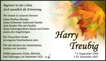 Traueranzeige von Harry Treubig von Südthüringer Presse