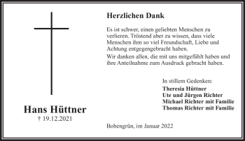 Traueranzeige von Hans Hüttner von Frankenpost
