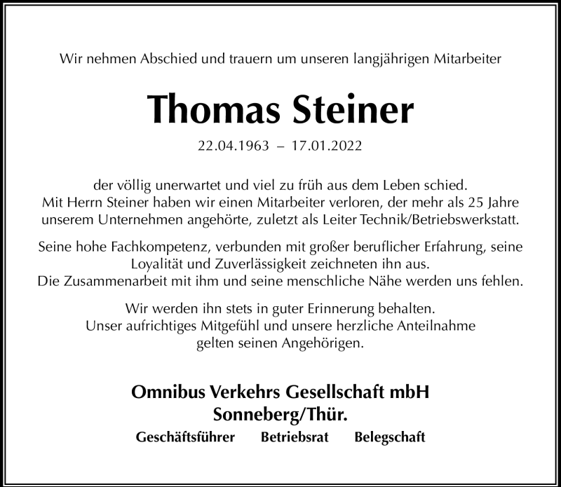  Traueranzeige für Thomas Steiner vom 29.01.2022 aus Südthüringer Presse
