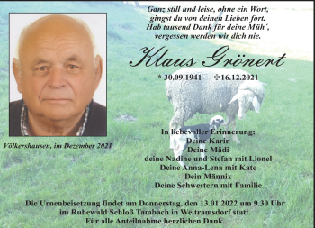 Traueranzeige von Klaus Grönert von Neue Presse Coburg
