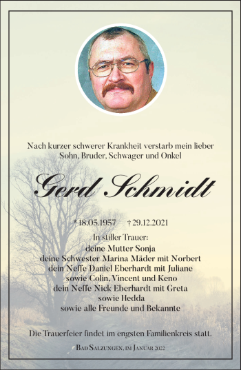 Traueranzeige von Gerd Schmidt von Südthüringer Presse