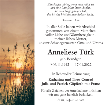 Traueranzeige von Anneliese Türk von Südthüringer Presse