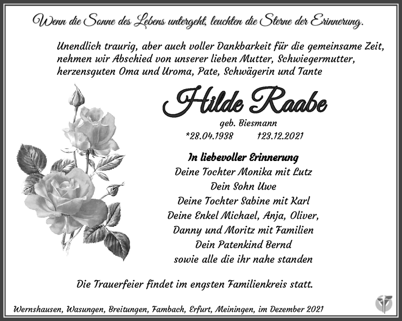  Traueranzeige für Hilde Raabe vom 08.01.2022 aus Südthüringer Presse