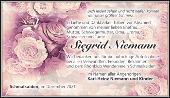 Traueranzeige von Siegrid Niemann von Südthüringer Presse