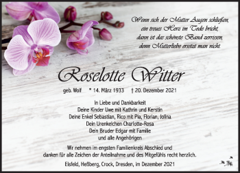 Traueranzeige von Roselotte Witter von Südthüringer Presse