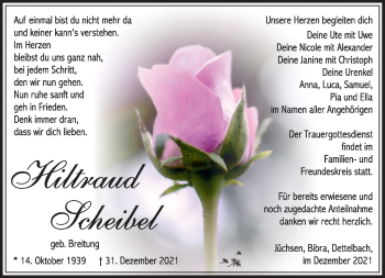 Traueranzeige von Hiltraud Scheibel von Südthüringer Presse