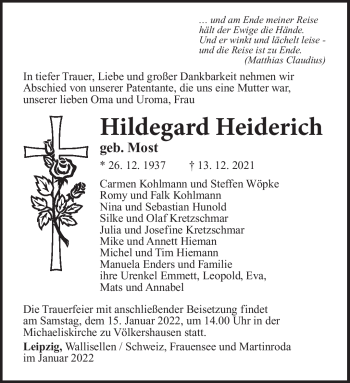 Traueranzeige von Hildegard Heiderich von Südthüringer Presse
