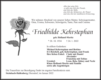 Traueranzeige von Friedhilde Kehrstephan von Südthüringer Presse
