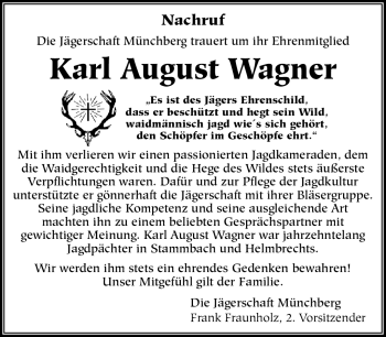 Traueranzeige von Karl August Wagner von Frankenpost