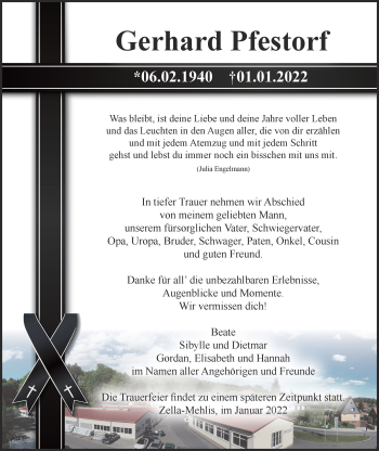 Traueranzeige von Gerhard Pfestorf von Südthüringer Presse