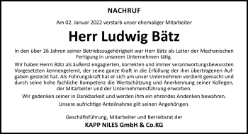 Traueranzeige von Ludwig Bätz von Neue Presse Coburg