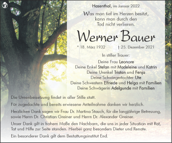 Traueranzeige von Werner Bauer von Südthüringer Presse