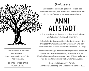Traueranzeige von Anni Altstadt von Südthüringer Presse