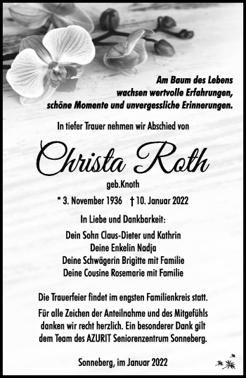 Traueranzeige von Christa Roth von Südthüringer Presse