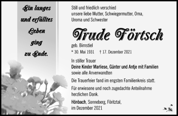 Traueranzeige von Trude Förtsch von Südthüringer Presse