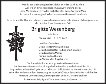 Traueranzeige von Brigitte Wesenberg von Südthüringer Presse