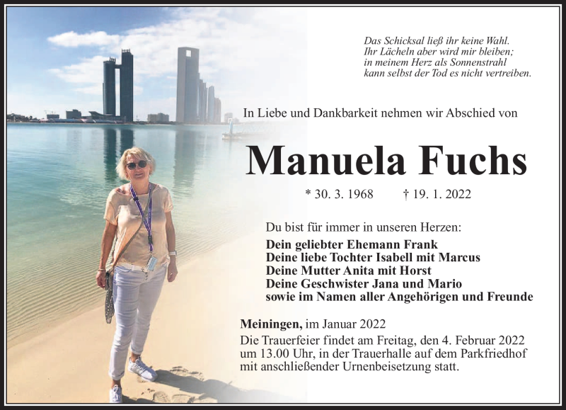  Traueranzeige für Manuela Fuchs vom 29.01.2022 aus Südthüringer Presse