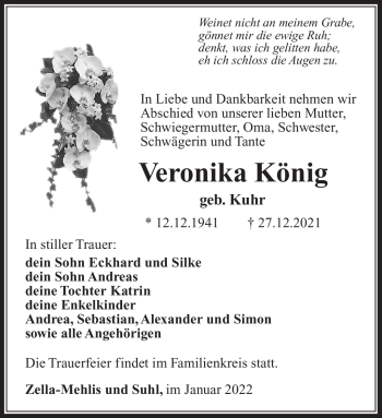 Traueranzeige von Veronika König von Südthüringer Presse