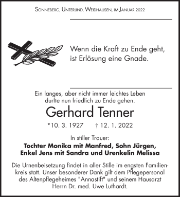 Traueranzeige von Gerhard Tenner von Südthüringer Presse