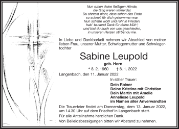 Traueranzeige von Sabine Leupold von Frankenpost