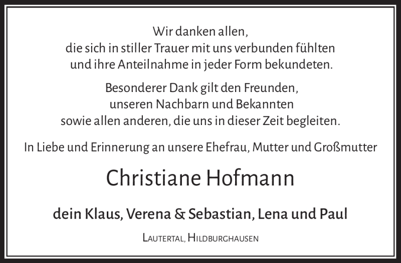  Traueranzeige für Christiane Hofmann vom 05.01.2022 aus Neue Presse Coburg