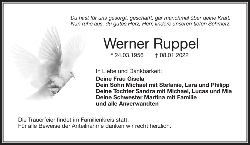  Traueranzeige für Werner Ruppel vom 12.01.2022 aus Frankenpost