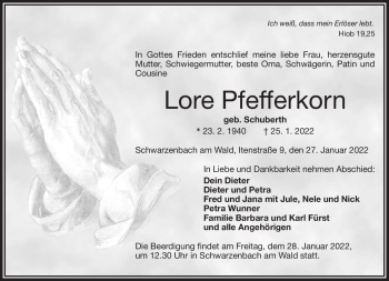 Traueranzeige von Lore Pfefferkorn von Frankenpost