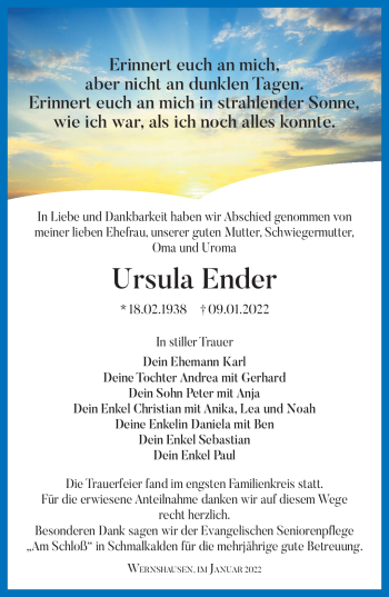 Traueranzeige von Ursula Ender von Südthüringer Presse