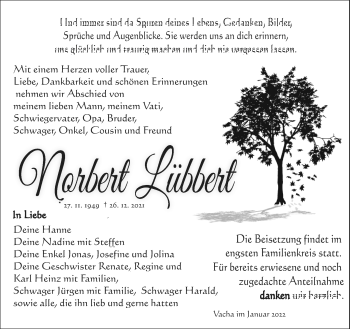 Traueranzeige von Nobert Lübbert von Südthüringer Presse