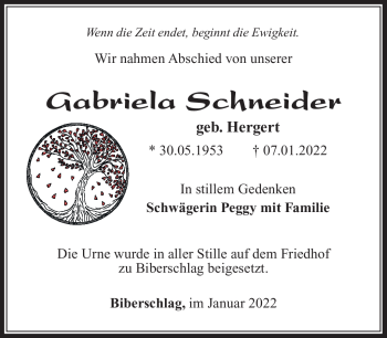Traueranzeige von Gabriela Schneider von Südthüringer Presse