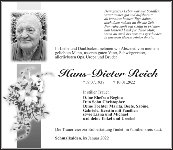 Traueranzeige von Hans-Dieter Reich von Südthüringer Presse