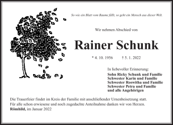 Traueranzeige von Rainer Schunk von Südthüringer Presse