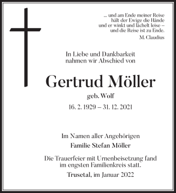 Traueranzeige von Gertrud Möller von Südthüringer Presse