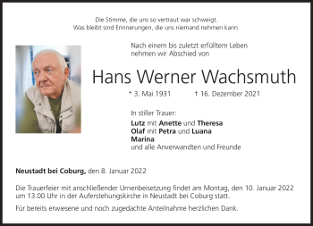 Traueranzeige von Hans Werner Wachsmuth von Neue Presse Coburg