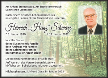 Traueranzeige von Heinrich Schwarz von Südthüringer Presse