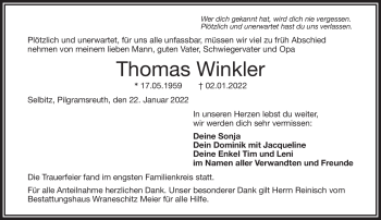 Traueranzeige von Thomas Winkler von Frankenpost