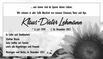 Traueranzeige von Klaus-Dieter Lehmann von Südthüringer Presse