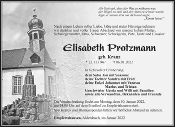 Traueranzeige von Elisabeth Protzmann von Südthüringer Presse