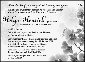 Traueranzeige von Helga Heurich von Südthüringer Presse