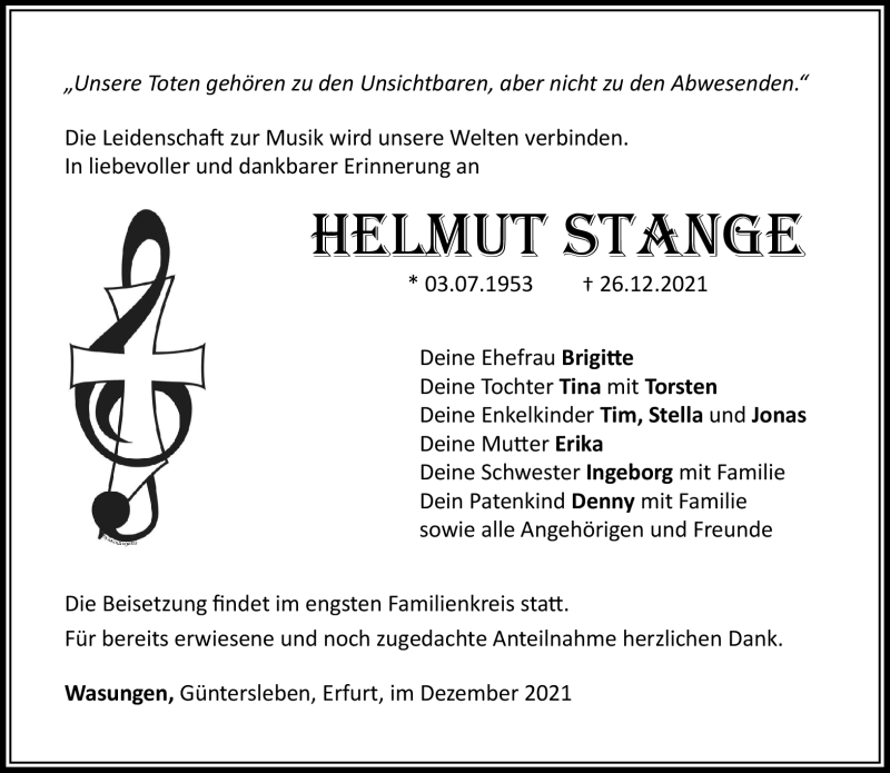  Traueranzeige für Helmut Stange vom 08.01.2022 aus Südthüringer Presse