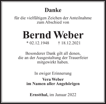 Traueranzeige von Bernd Weber von Südthüringer Presse