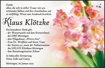 Traueranzeige von Klaus Klötzke von Südthüringer Presse