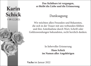 Traueranzeige von Krin Schick von Südthüringer Presse