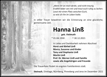 Traueranzeige von Hanna Linß von Südthüringer Presse