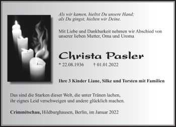 Traueranzeige von Christa Pasler von Südthüringer Presse