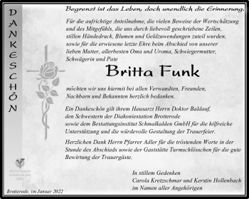 Traueranzeige von Britta Funk von Südthüringer Presse