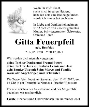 Traueranzeige von Gitta Feuerpfeil von Südthüringer Presse