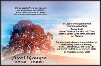 Traueranzeige von Axel Kampe von Südthüringer Presse